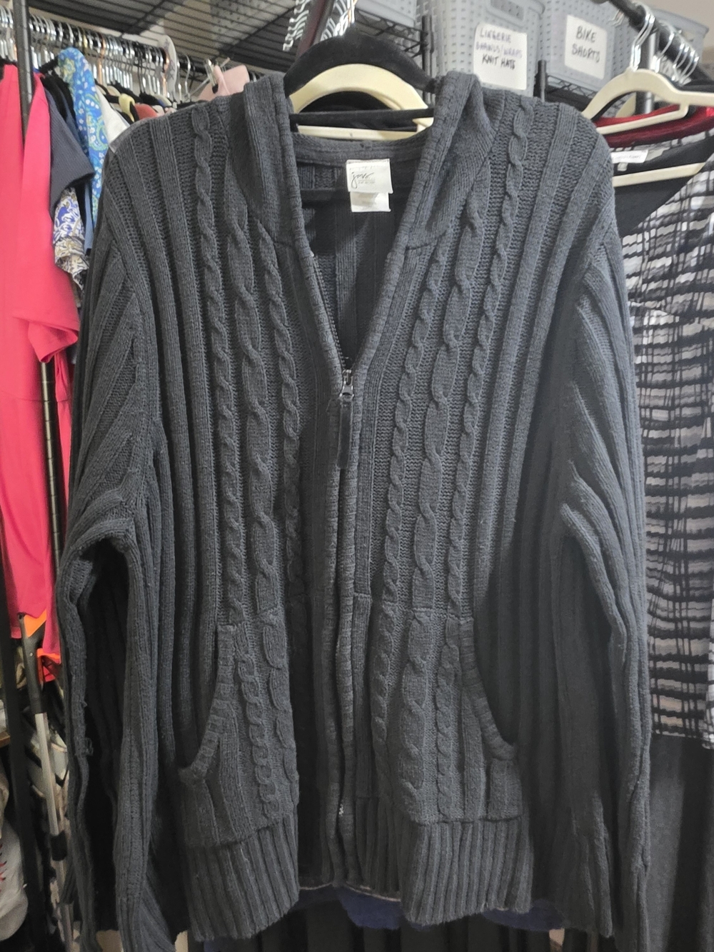 Just My Size Black Cable Knit Zip-Up Sweater